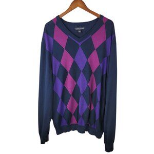 Kenneth Roberts Argyle Sweater Mens XXL V-Neck Silk Cotton Navy Purple Pink